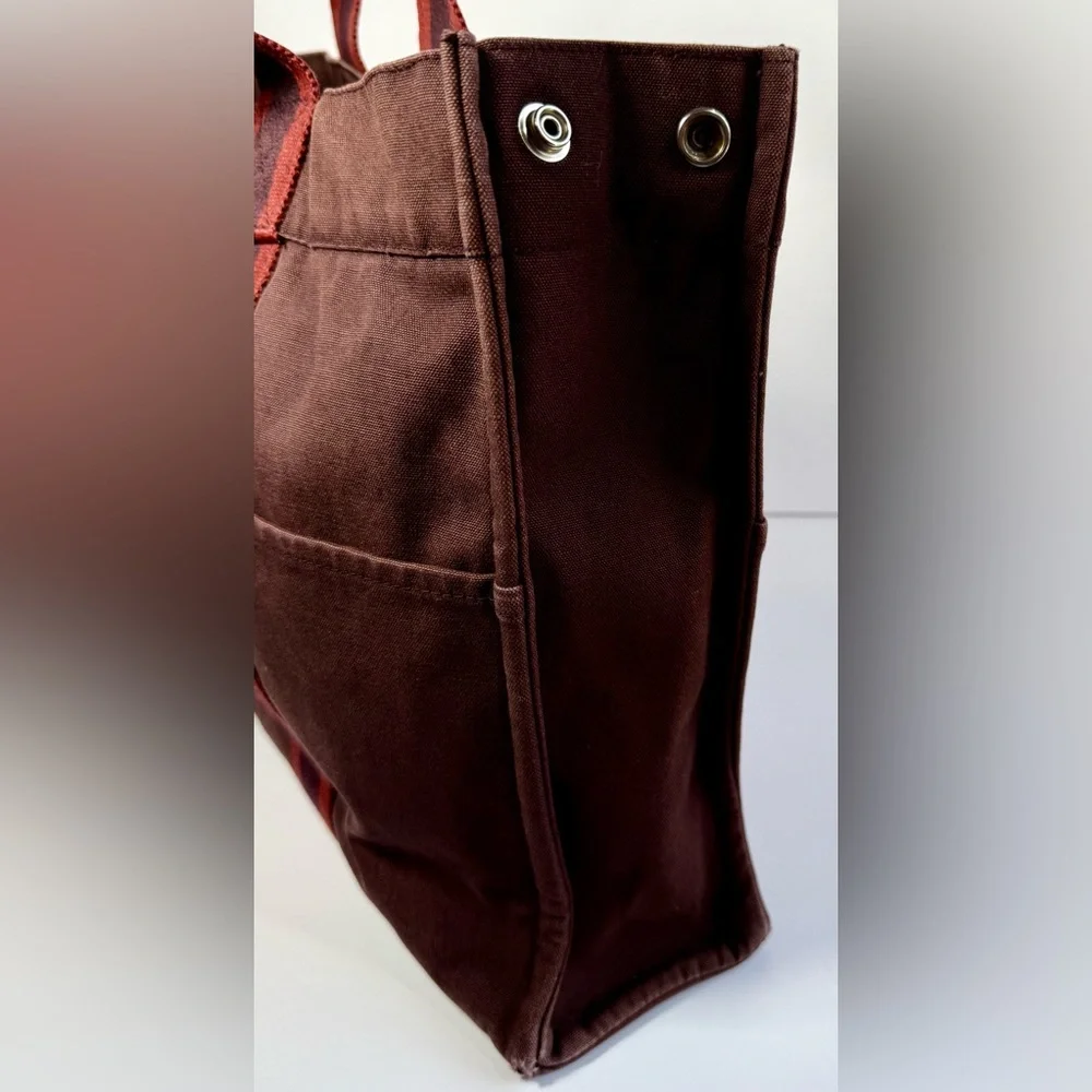 Hermes Brown Canvas Tote with Red and Burgundy Straps
